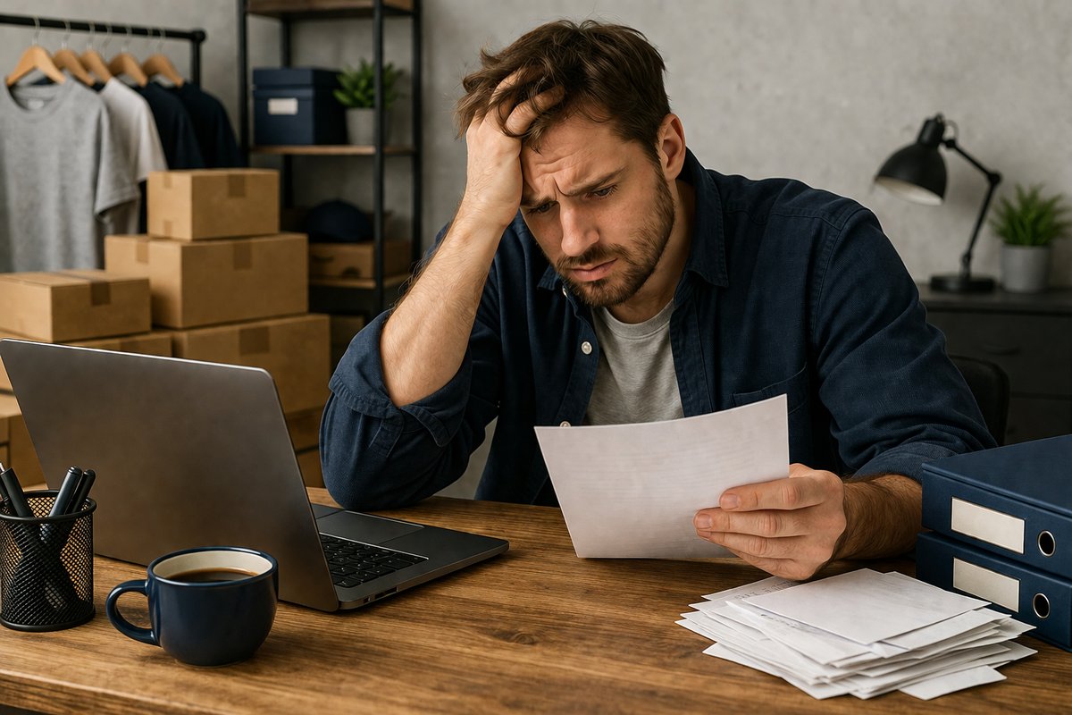 Overwhelmed eCommerce founder reviewing receipts and paperwork at his desk